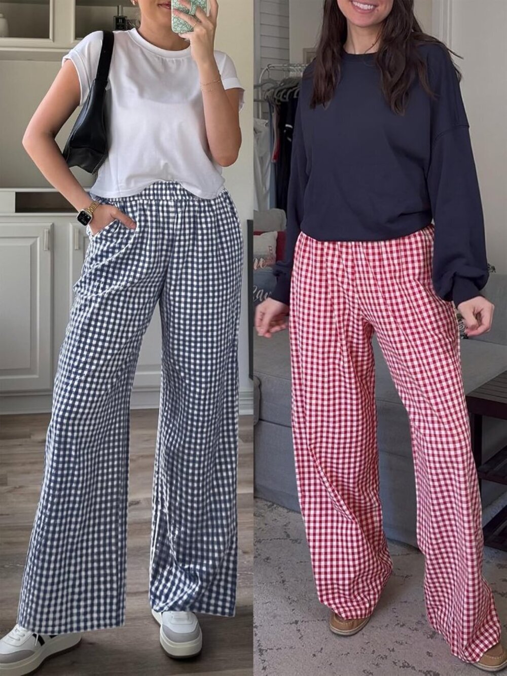 Women's Navy Blue Plaid Striped Casual Wide Leg High Waisted Palazzo Pants - Picture 6 of 6